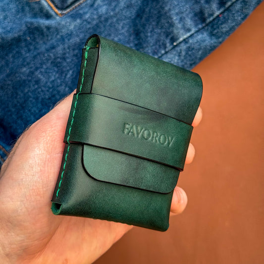 Vertical flap leather wallet, personalized small green cash holder, edc front pocket card sleeve
