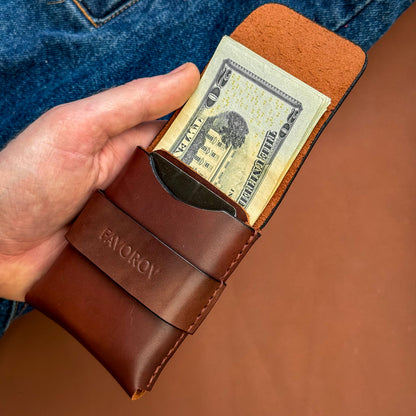 Compact front pocket wallet, full grain leather cash sleeve, personalized artisan rugged cardholder