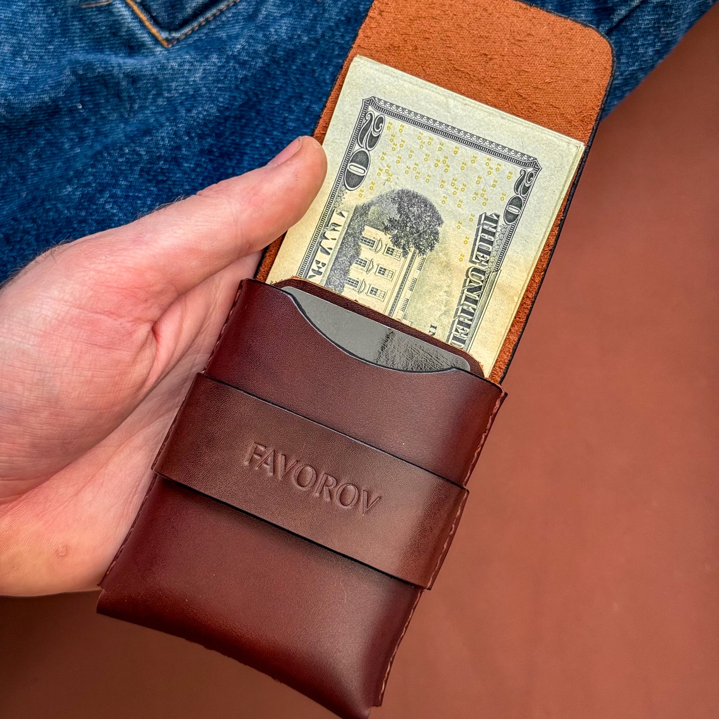 Compact front pocket wallet, full grain leather cash sleeve, personalized artisan rugged cardholder