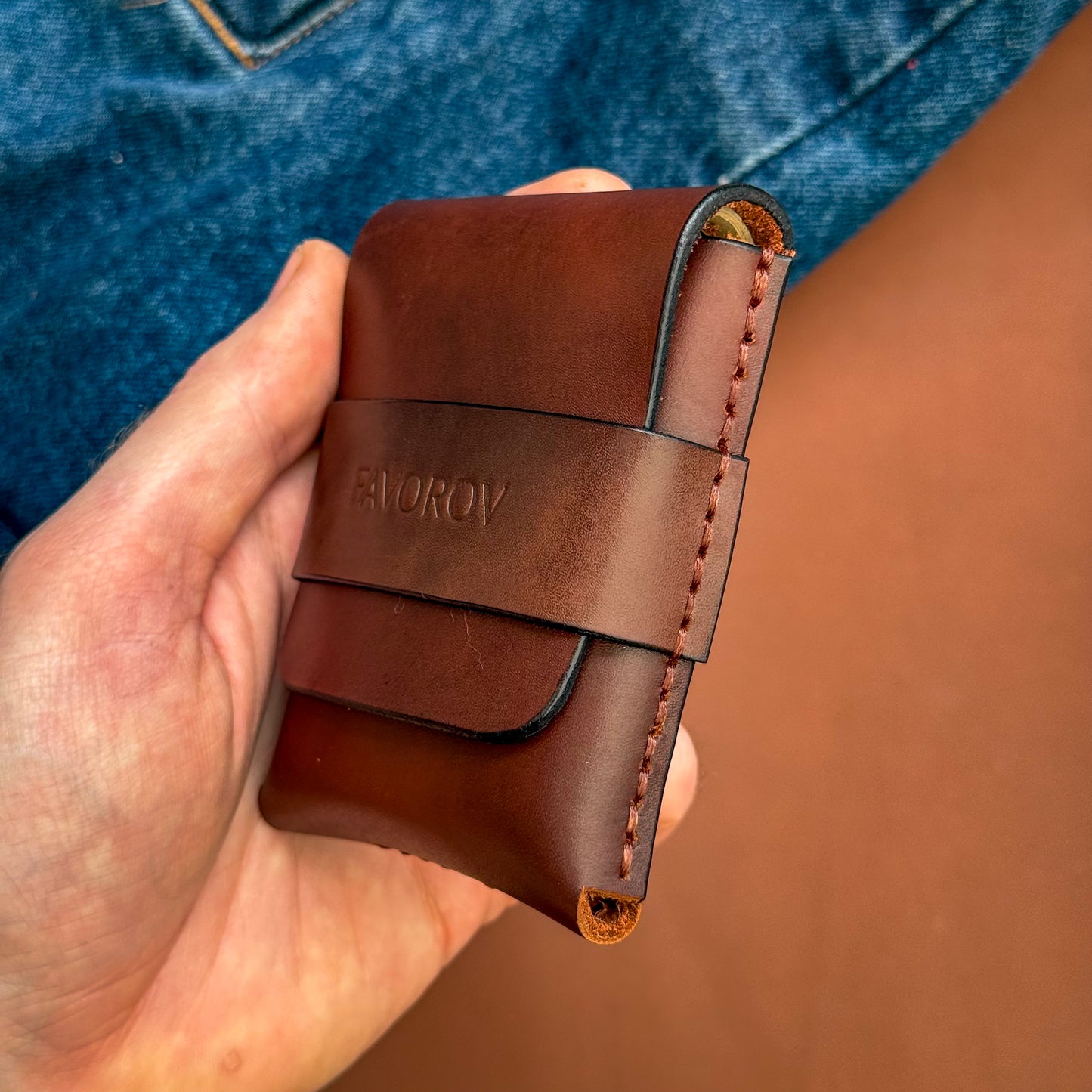Compact front pocket wallet, full grain leather cash sleeve, personalized artisan rugged cardholder
