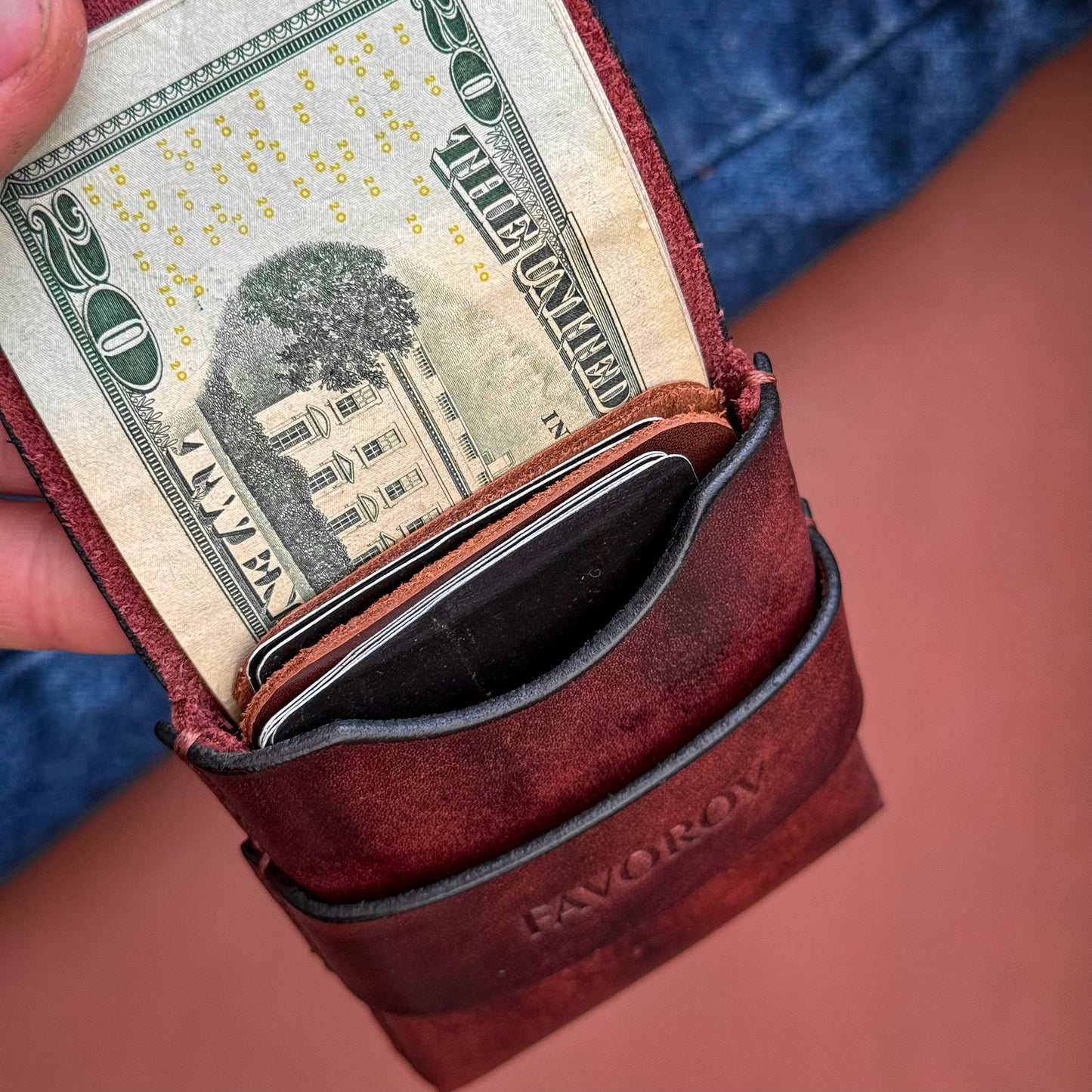 Full grain leather card & cash holder, personalized slim vintage wallet, artisan edc compact cardholder