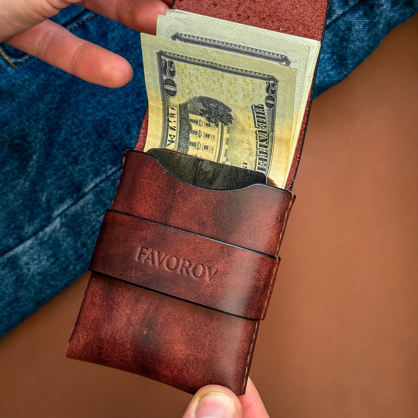 Full grain leather card & cash holder, personalized slim vintage wallet, artisan edc compact cardholder