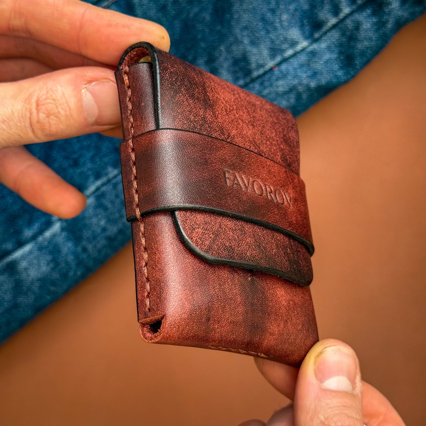 Full grain leather card & cash holder, personalized slim vintage wallet, artisan edc compact cardholder