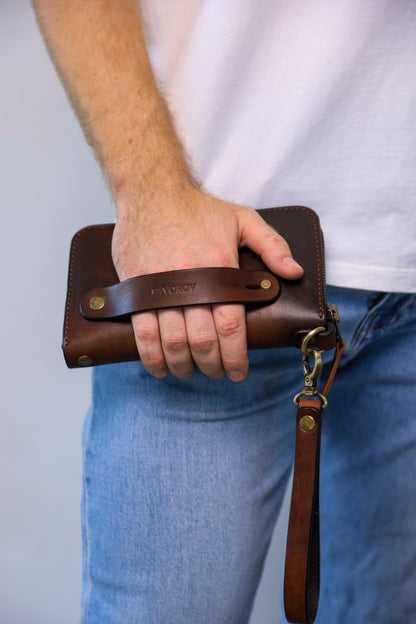 Brown Leather Clutch, Full Grain Leather Clutch, Cognac men's leather wallet, Zipped wallet, Wrist Bag, Men's purse, Father's gift