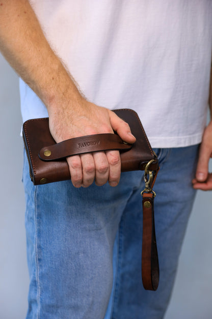 Brown Leather Clutch, Full Grain Leather Clutch, Cognac men's leather wallet, Zipped wallet, Wrist Bag, Men's purse, Father's gift