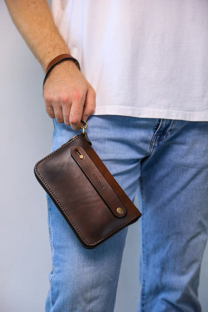 Brown Leather Clutch, Full Grain Leather Clutch, Cognac men's leather wallet, Zipped wallet, Wrist Bag, Men's purse, Father's gift