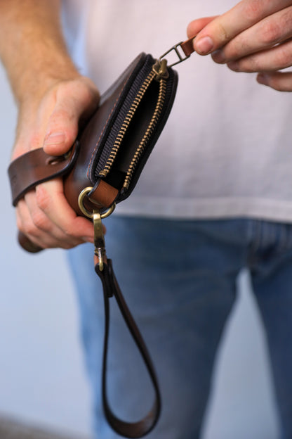 Brown Leather Clutch, Full Grain Leather Clutch, Cognac men's leather wallet, Zipped wallet, Wrist Bag, Men's purse, Father's gift