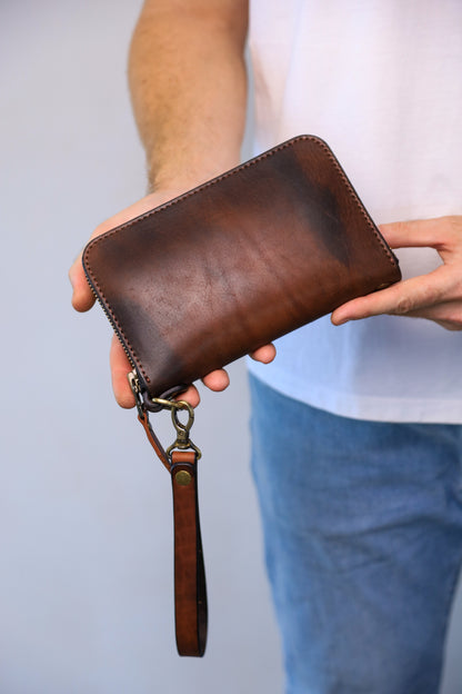 Brown Leather Clutch, Full Grain Leather Clutch, Cognac men's leather wallet, Zipped wallet, Wrist Bag, Men's purse, Father's gift