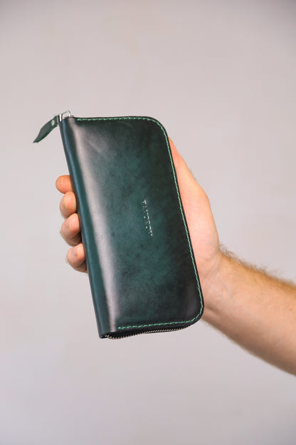 Green Leather zip around wallet, Leather Clutch, handmade men's wallet, Full Grain Leather, men's purse, Green men's leather wallet