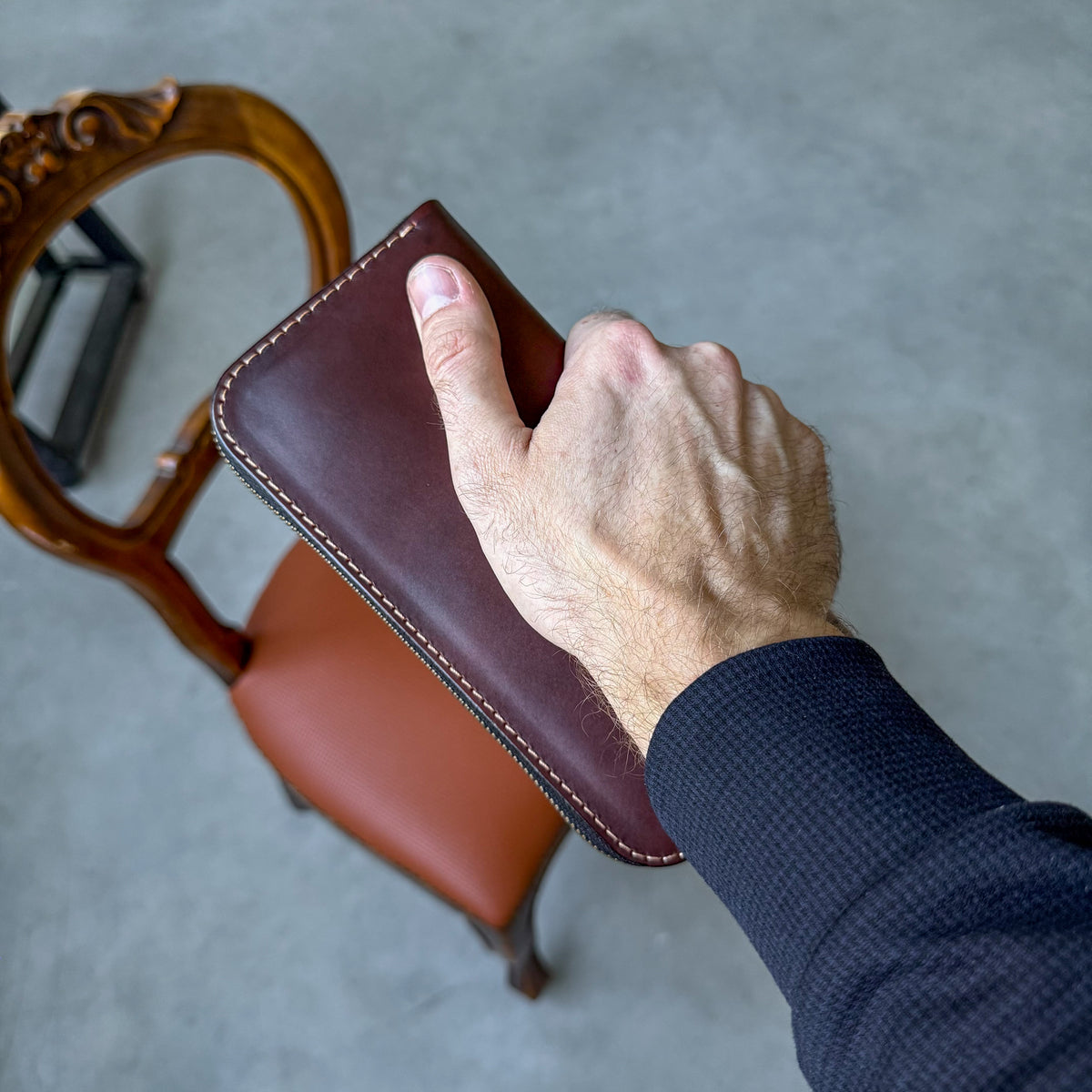 Leather zip around wallet, Cognac-Brown Leather Clutch
