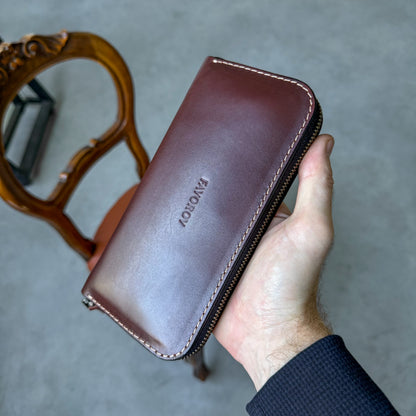 Leather zip around wallet, Cognac-Brown Leather Clutch