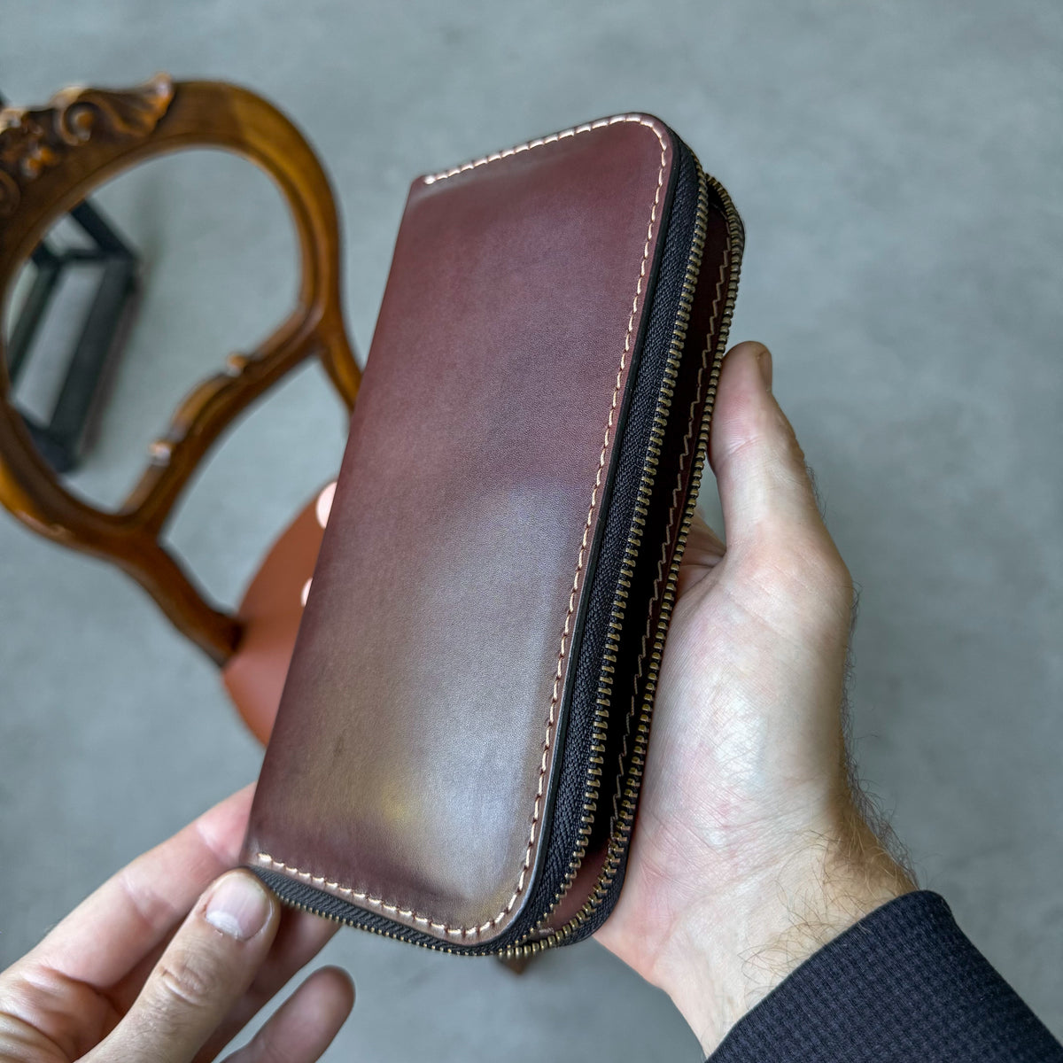 Leather zip around wallet, Cognac-Brown Leather Clutch