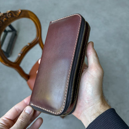 Leather zip around wallet, Cognac-Brown Leather Clutch