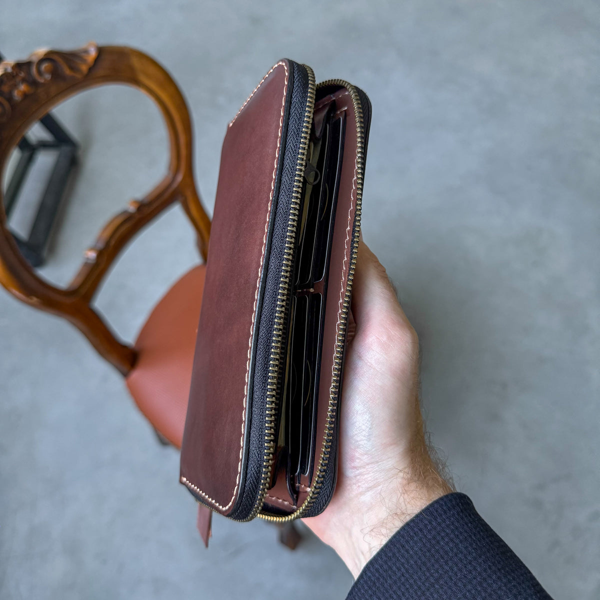 Leather zip around wallet, Cognac-Brown Leather Clutch