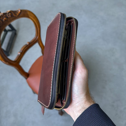 Leather zip around wallet, Cognac-Brown Leather Clutch