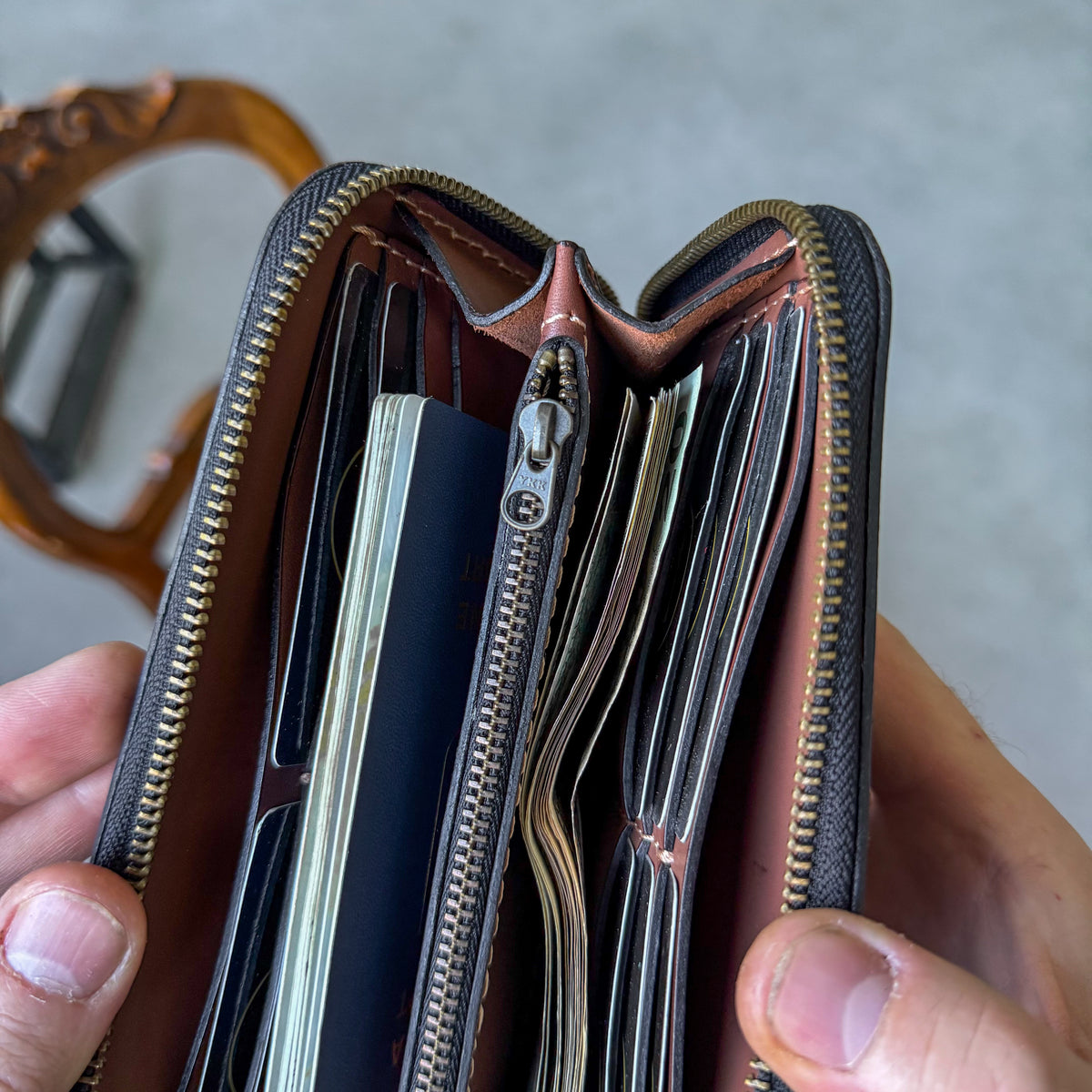 Leather zip around wallet, Cognac-Brown Leather Clutch
