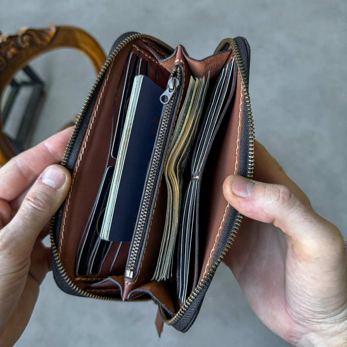 Leather zip around wallet, Cognac-Brown Leather Clutch