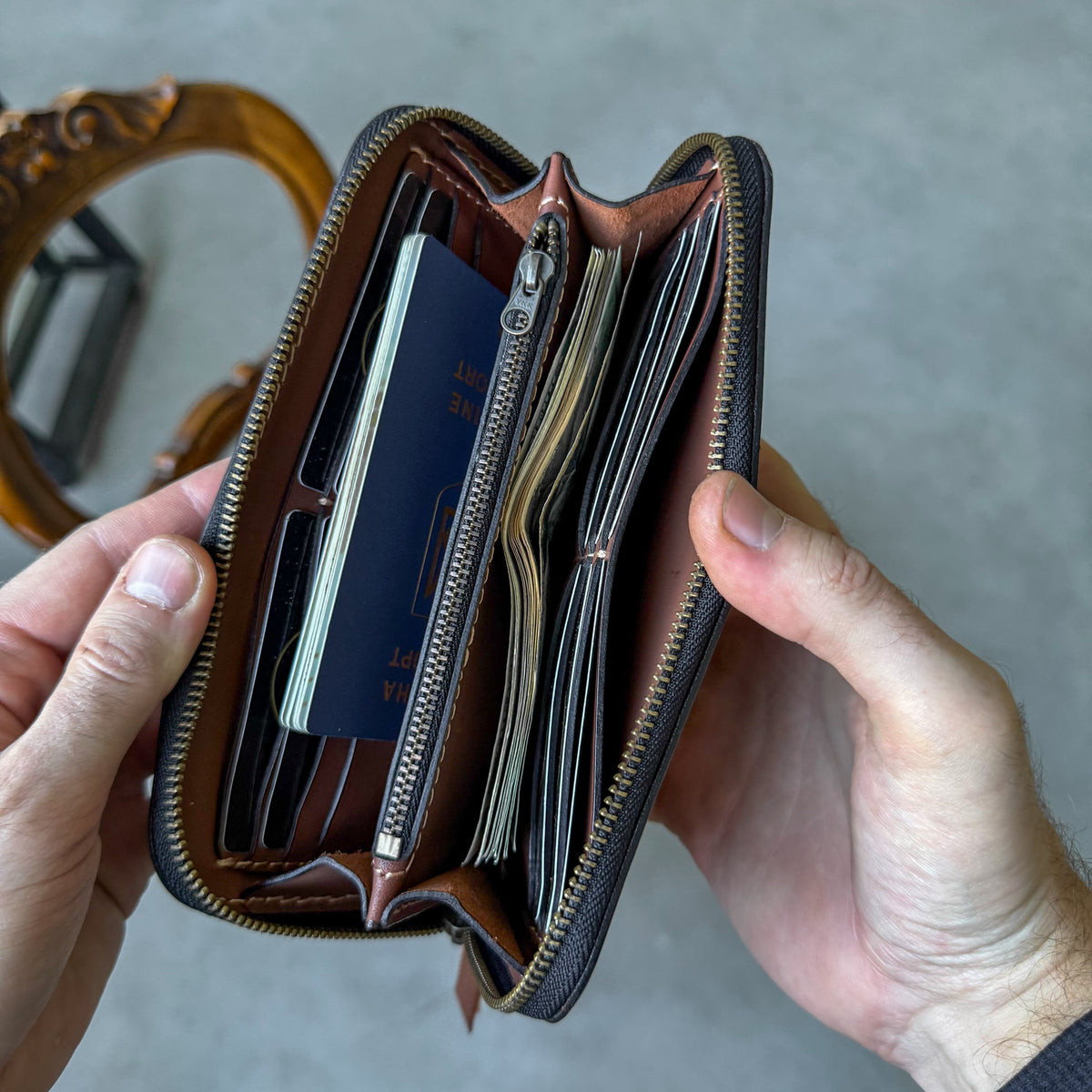 Leather zip around wallet, Cognac-Brown Leather Clutch
