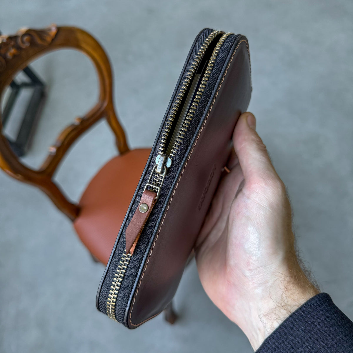 Leather zip around wallet, Cognac-Brown Leather Clutch