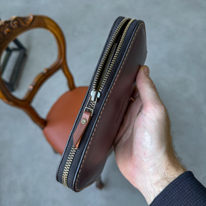 Leather zip around wallet, Cognac-Brown Leather Clutch
