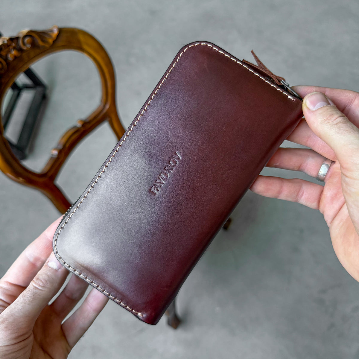 Leather zip around wallet, Cognac-Brown Leather Clutch