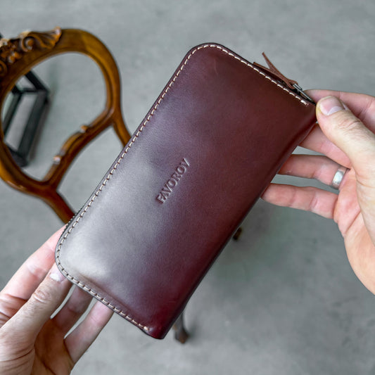 Leather zip around wallet, Cognac-Brown Leather Clutch
