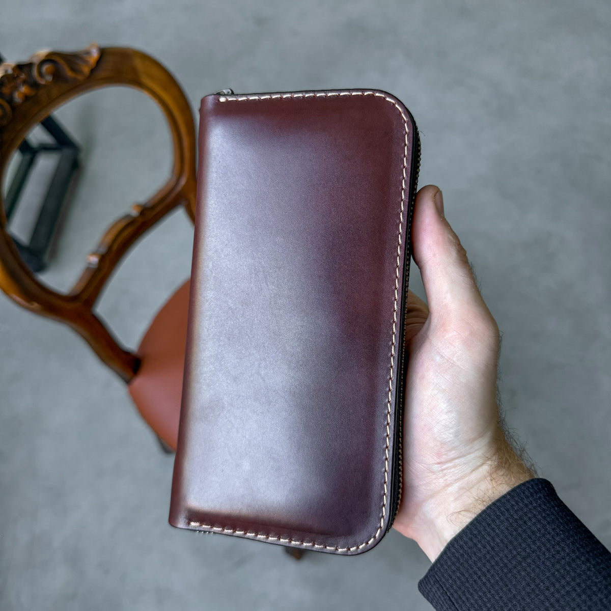 Leather zip around wallet, Cognac-Brown Leather Clutch