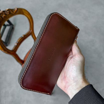Leather zip around wallet, Cognac-Brown Leather Clutch