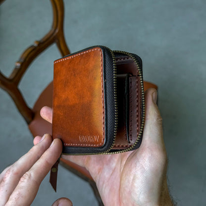 Handmade leather zip around wallet