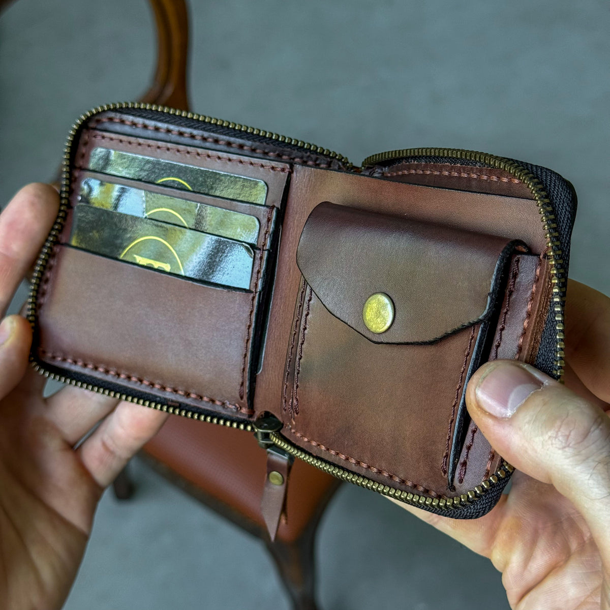 Handmade leather zip around wallet