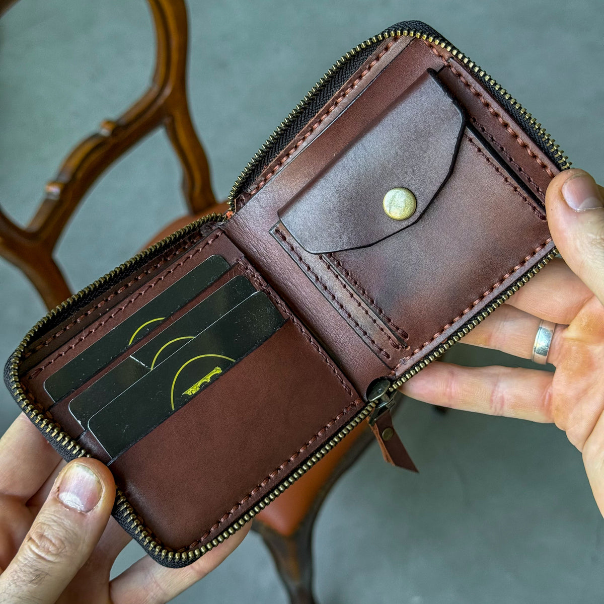 Handmade leather zip around wallet