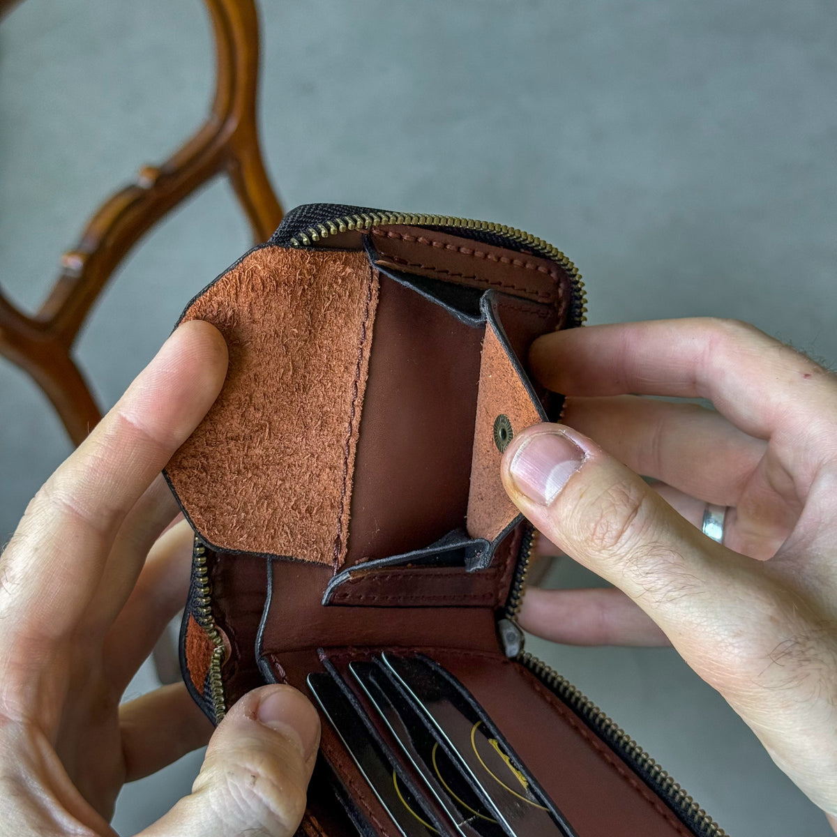 Handmade leather zip around wallet