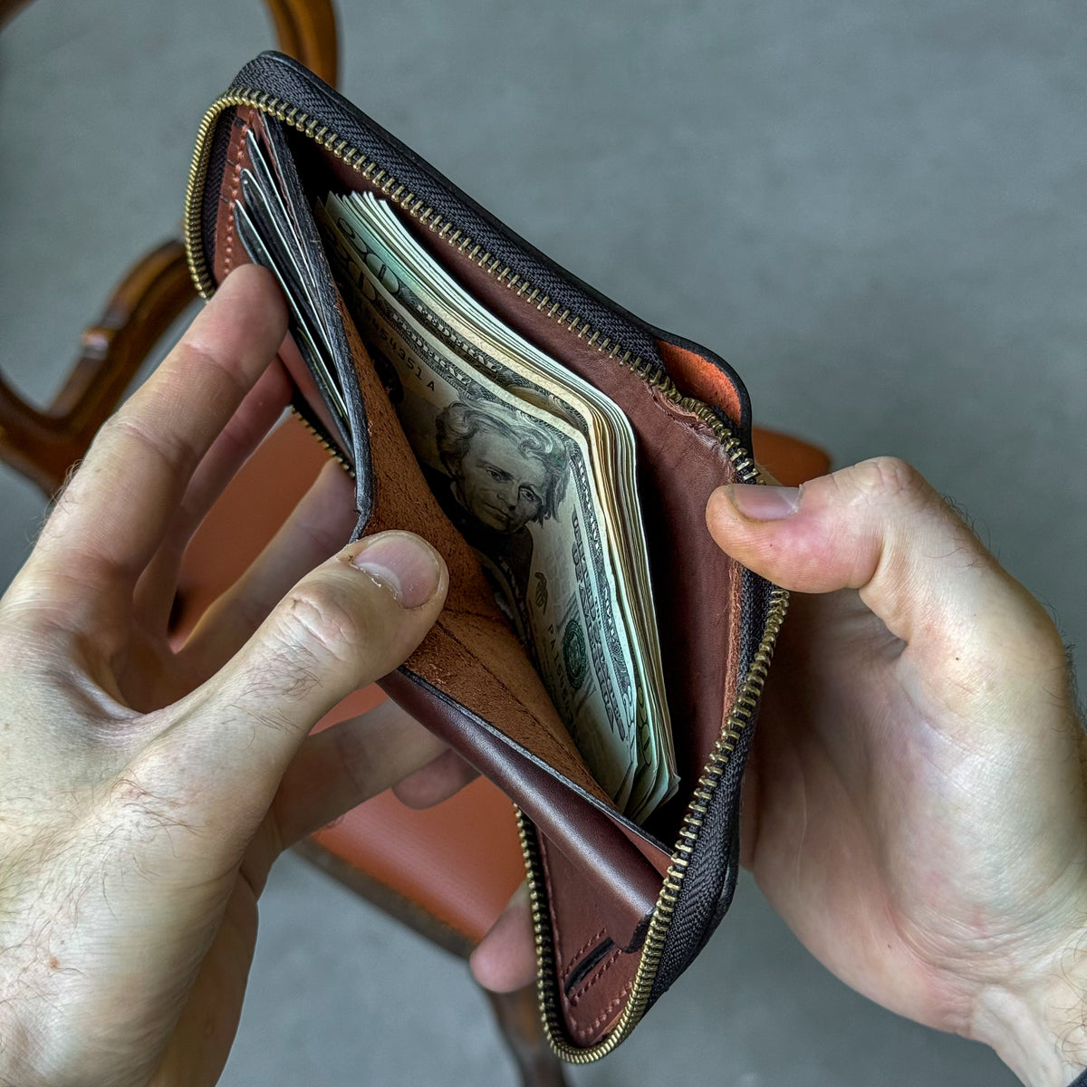 Handmade leather zip around wallet