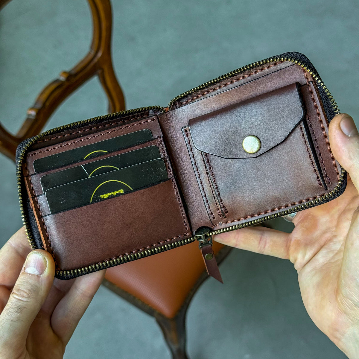 Handmade leather zip around wallet
