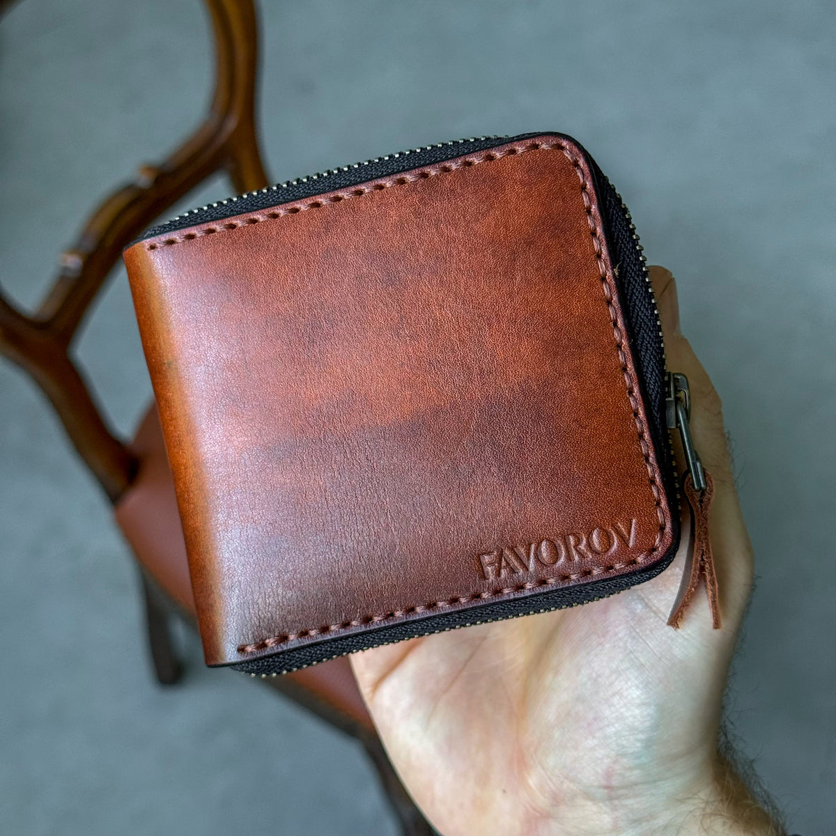 Handmade leather zip around wallet