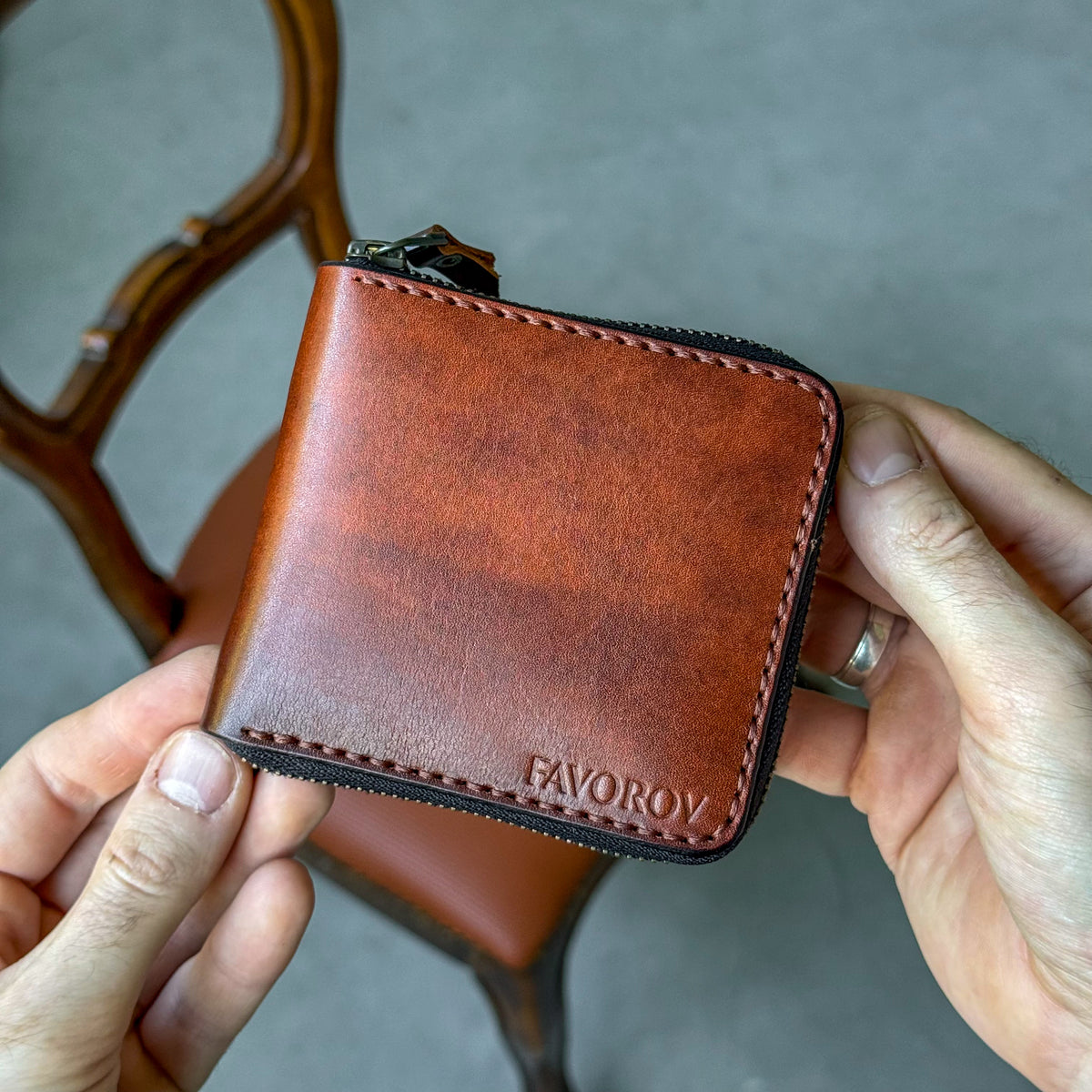 Handmade leather zip around wallet
