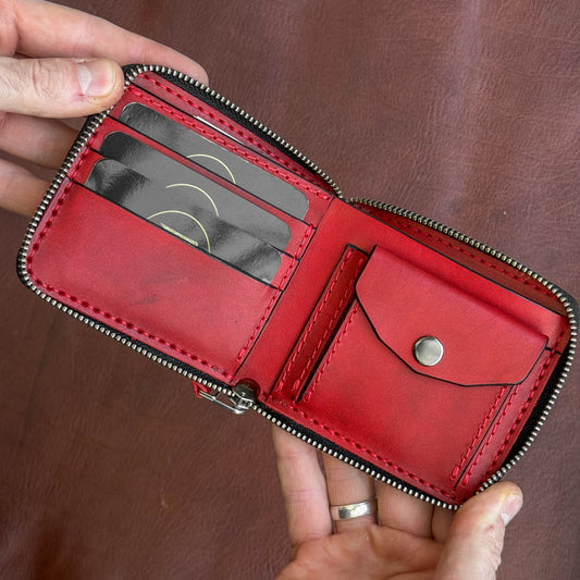 Black and red card holder wallet, zip around bifold
