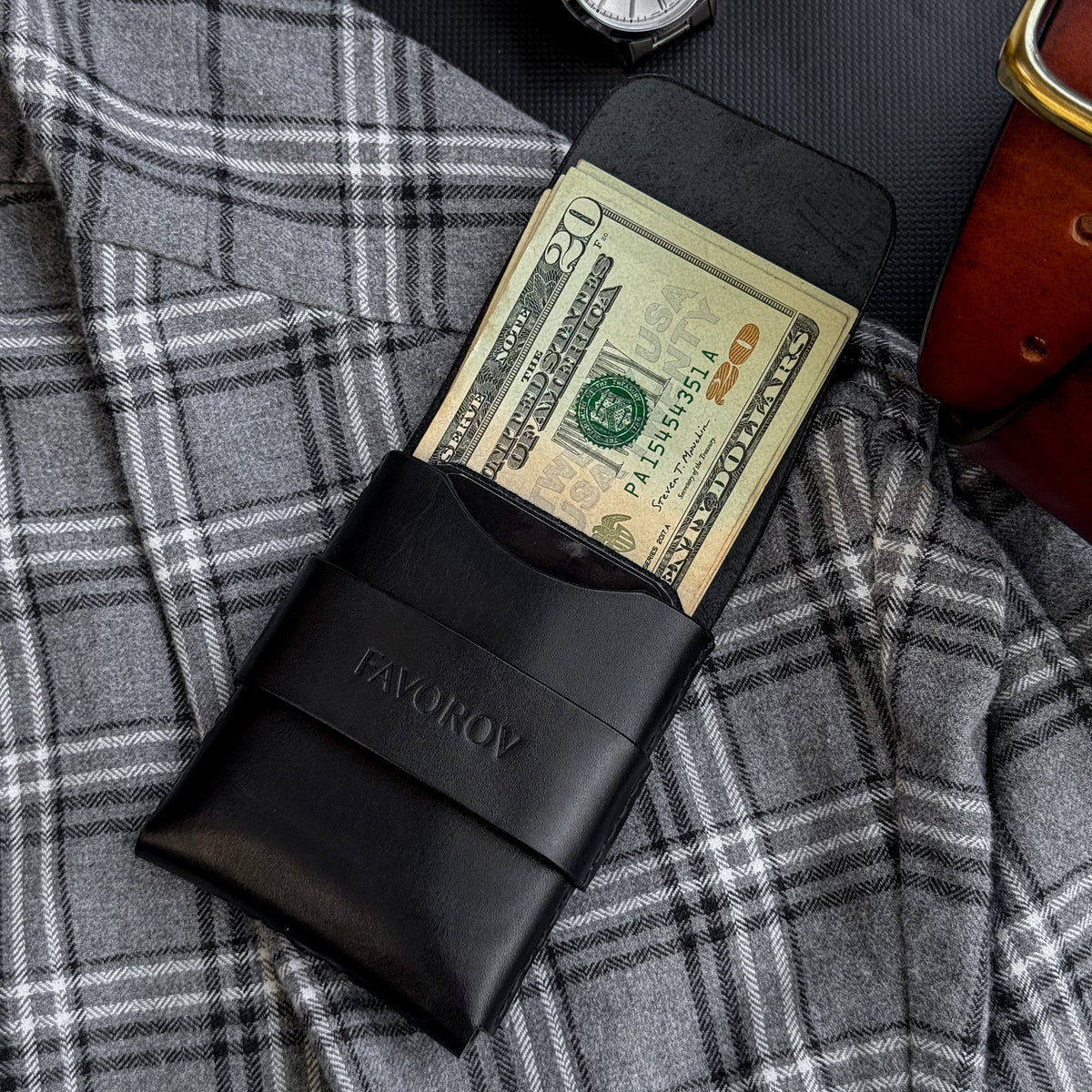 Full grain leather card & cash holder, personalized slim vintage wallet
