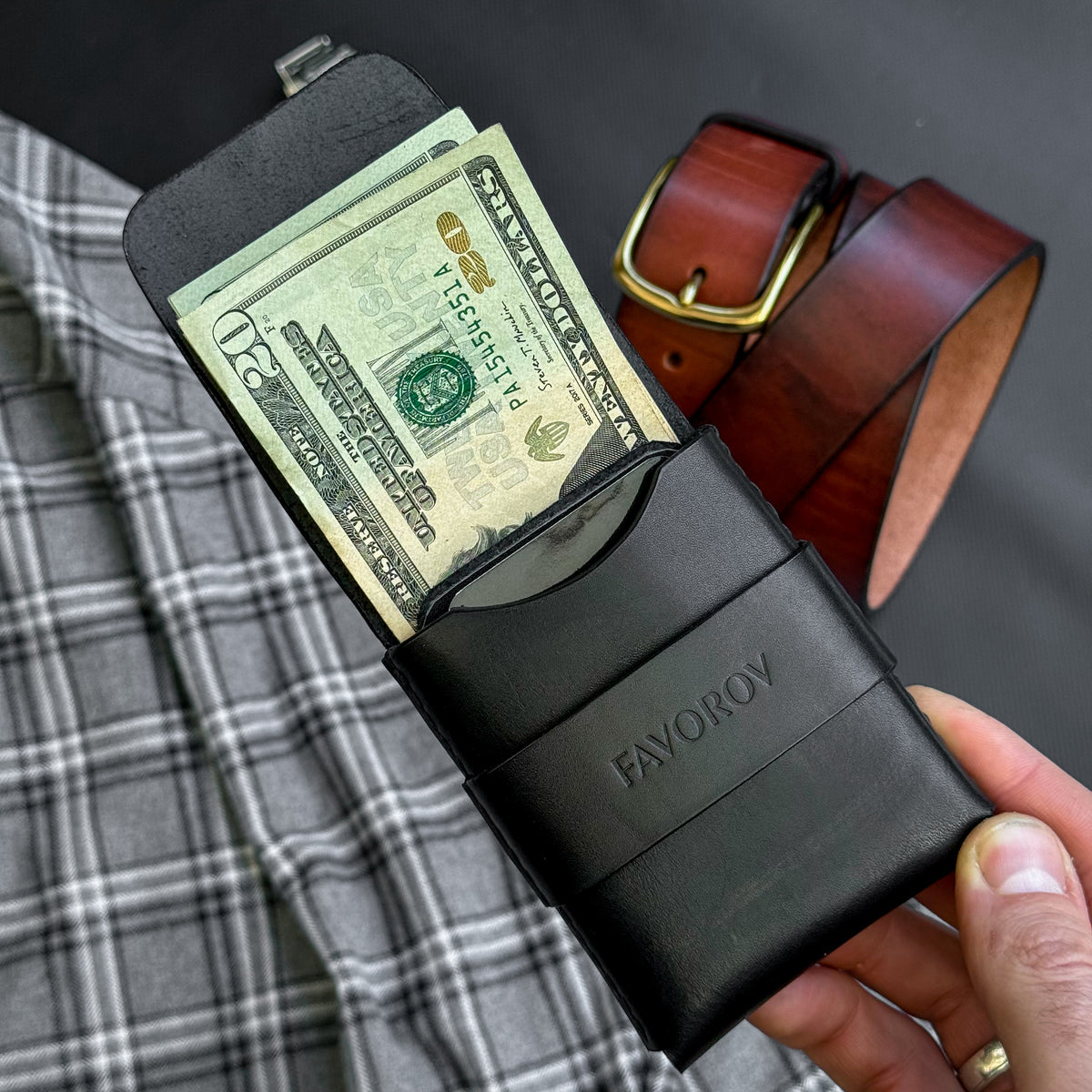 Full grain leather card & cash holder, personalized slim vintage wallet
