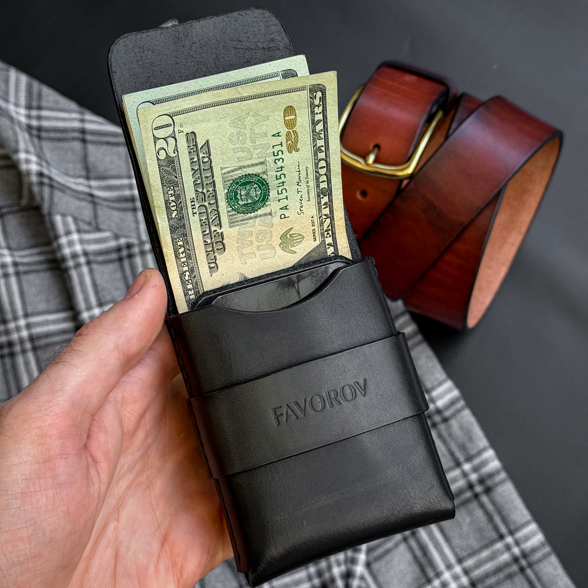Full grain leather card & cash holder, personalized slim vintage wallet