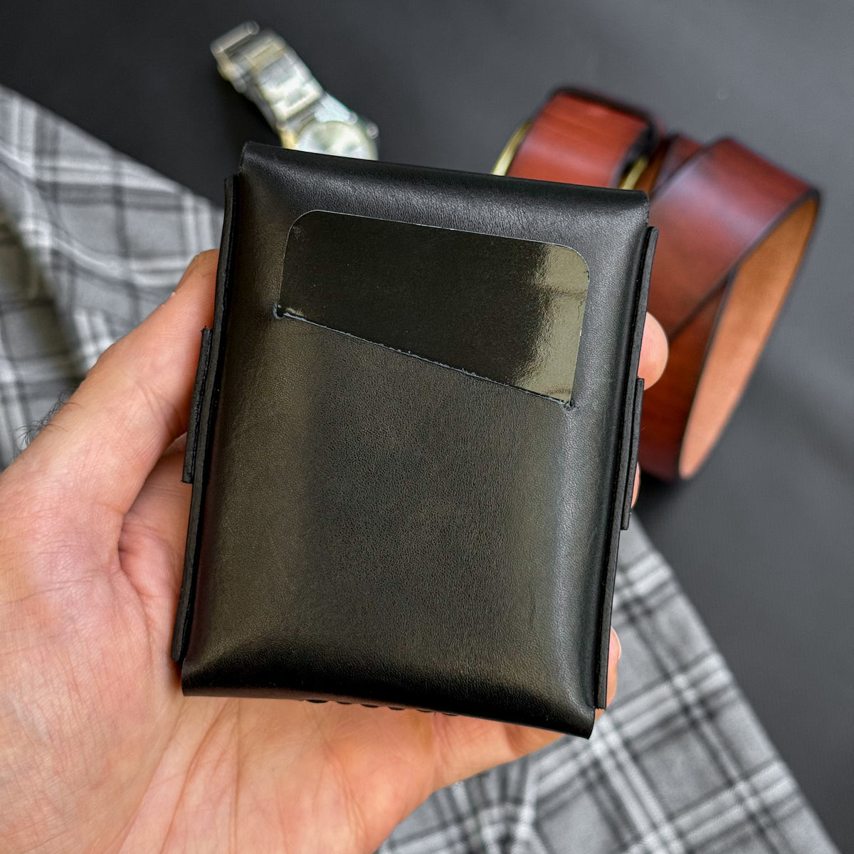 Full grain leather card & cash holder, personalized slim vintage wallet