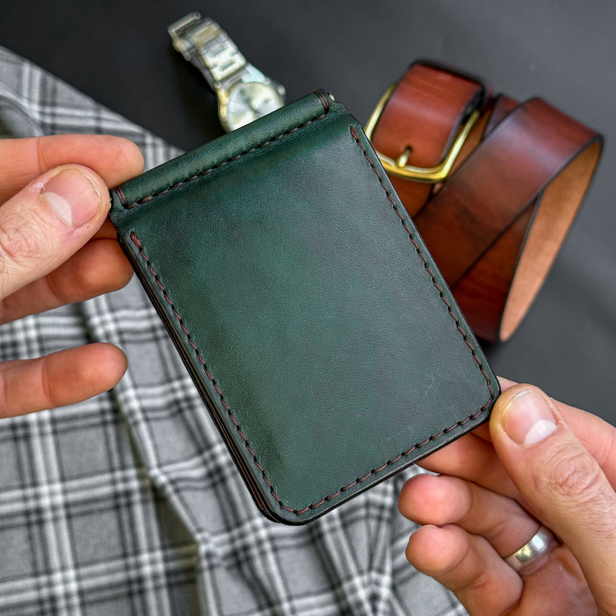 Minimalist Green and Brown Leather Money Clip Wallet