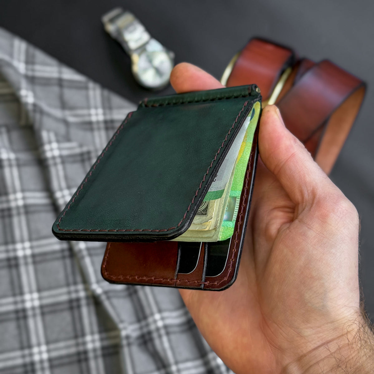 Minimalist Green and Brown Leather Money Clip Wallet