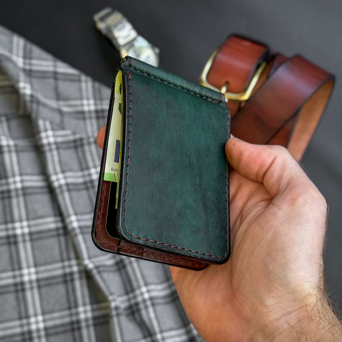 Minimalist Green and Brown Leather Money Clip Wallet
