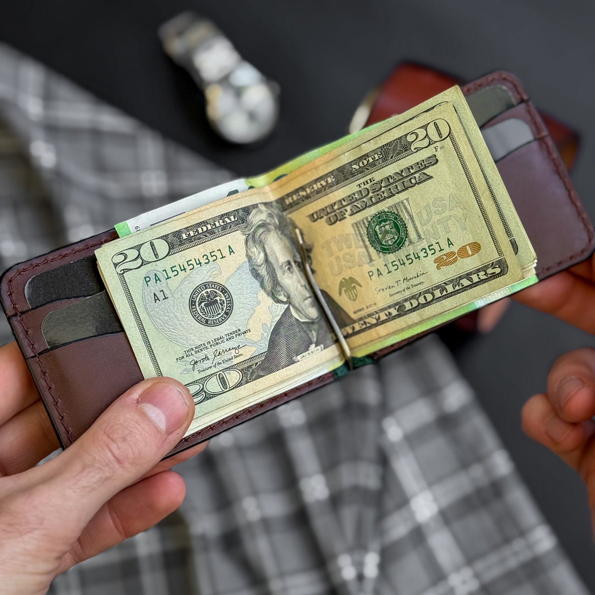 Minimalist Green and Brown Leather Money Clip Wallet