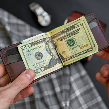 Minimalist Green and Brown Leather Money Clip Wallet