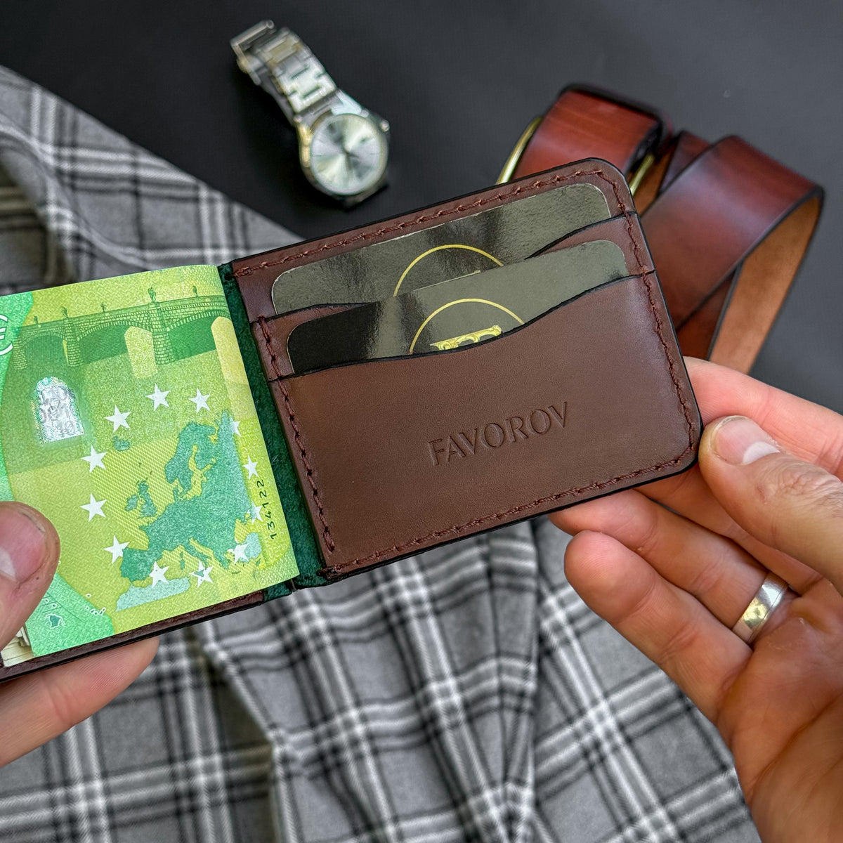 Minimalist Green and Brown Leather Money Clip Wallet