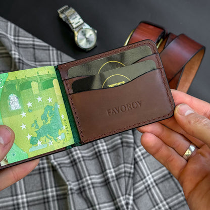 Minimalist Green and Brown Leather Money Clip Wallet