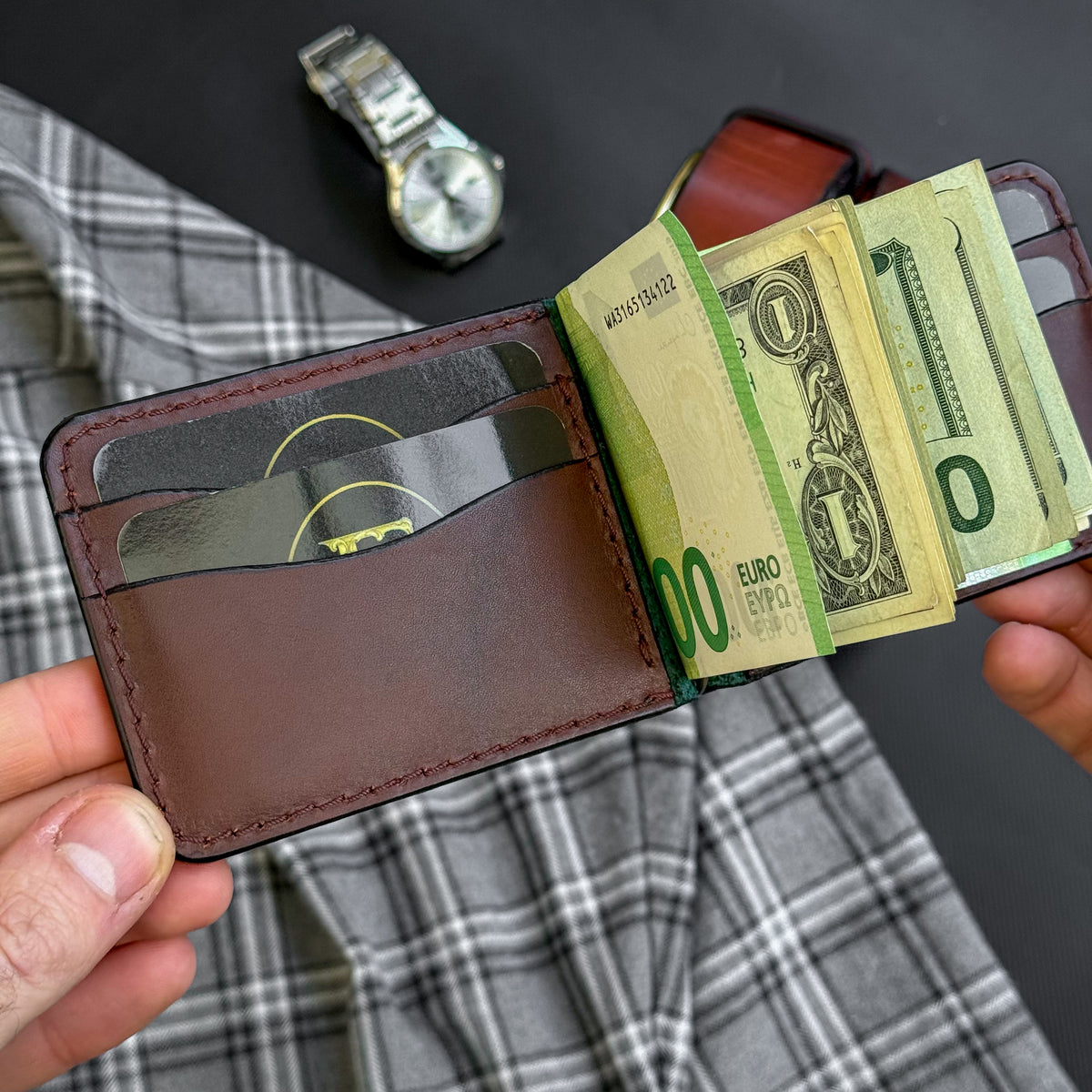 Minimalist Green and Brown Leather Money Clip Wallet
