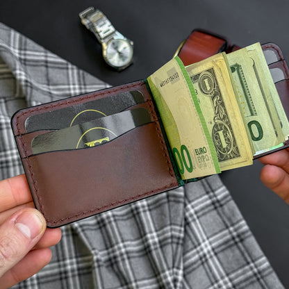 Minimalist Green and Brown Leather Money Clip Wallet